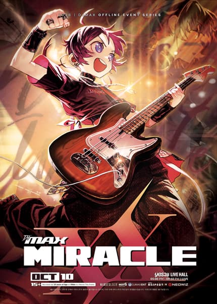 Official DJMAX MIRACLE poster: an illustrated character with short pink hair raises a fist while wearing a bass guitar against red stage light, above a large MIRACLE logo, with OCT 10, YES24 LIVE HALL, 05:00 PM-09:10 PM and a 15+ rating printed along the bottom